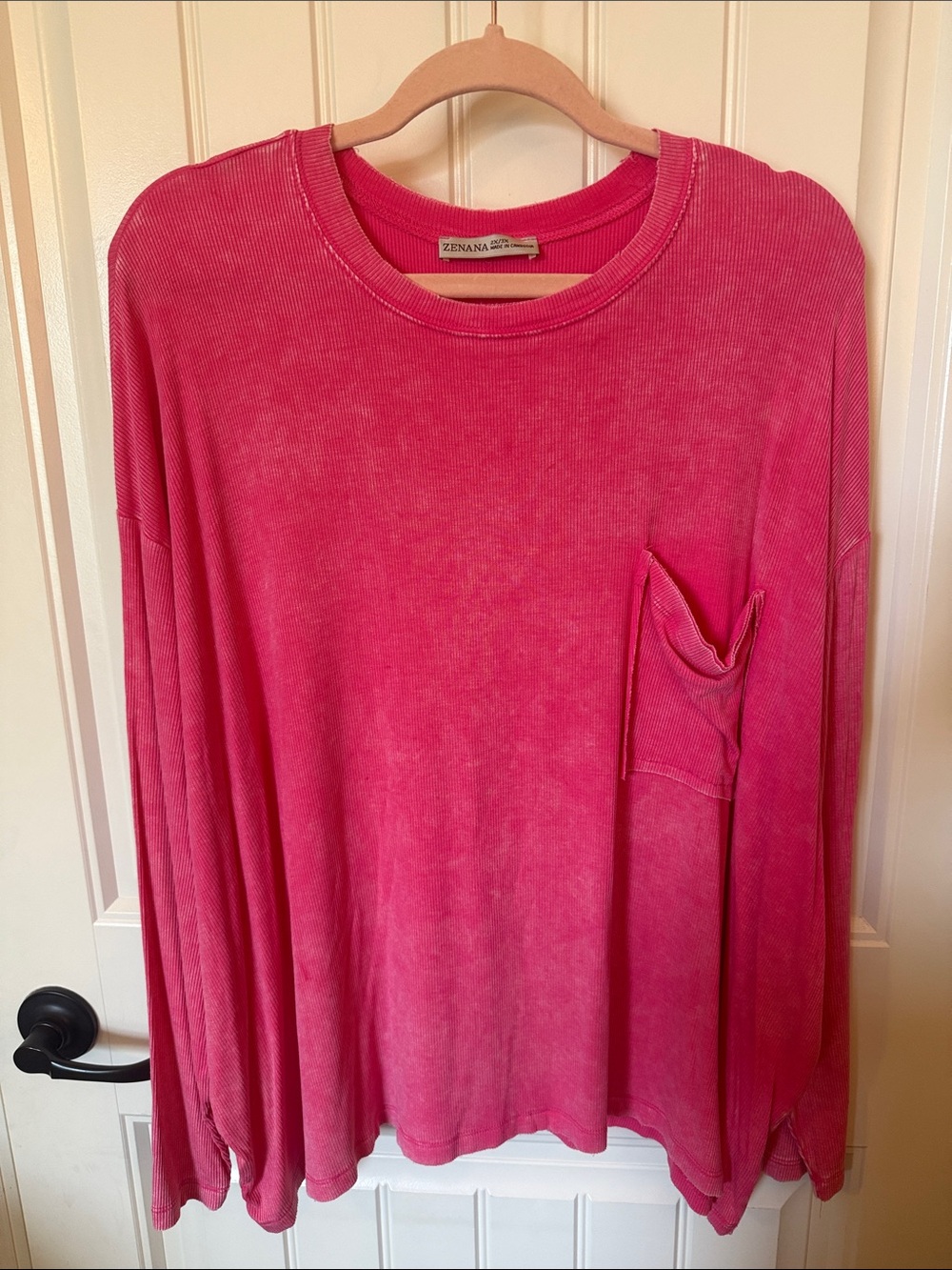 Zenana Outfitters Pink Long Sleeve Pocket Tee